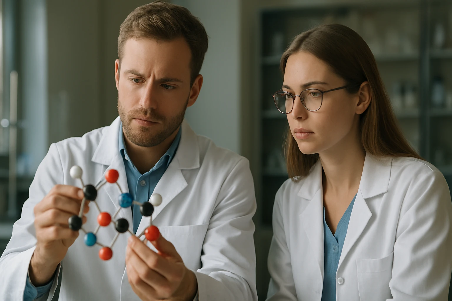 Két kutató hidrogén-fluorid molekulát vizsgál egy laboratóriumban.