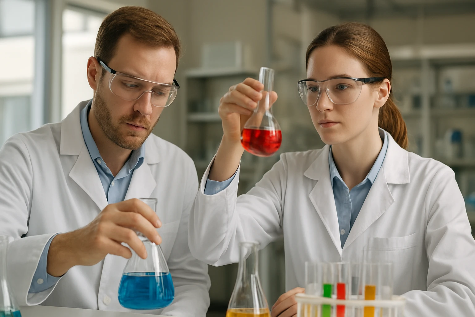 Két tudós hidrogén-karbonátokat vizsgál laboratóriumi környezetben.