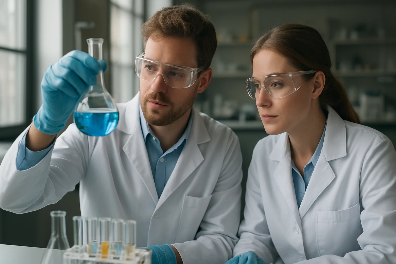 Két tudós szakszerűen vizsgál egy kémcsőben lévő kéket állítmány