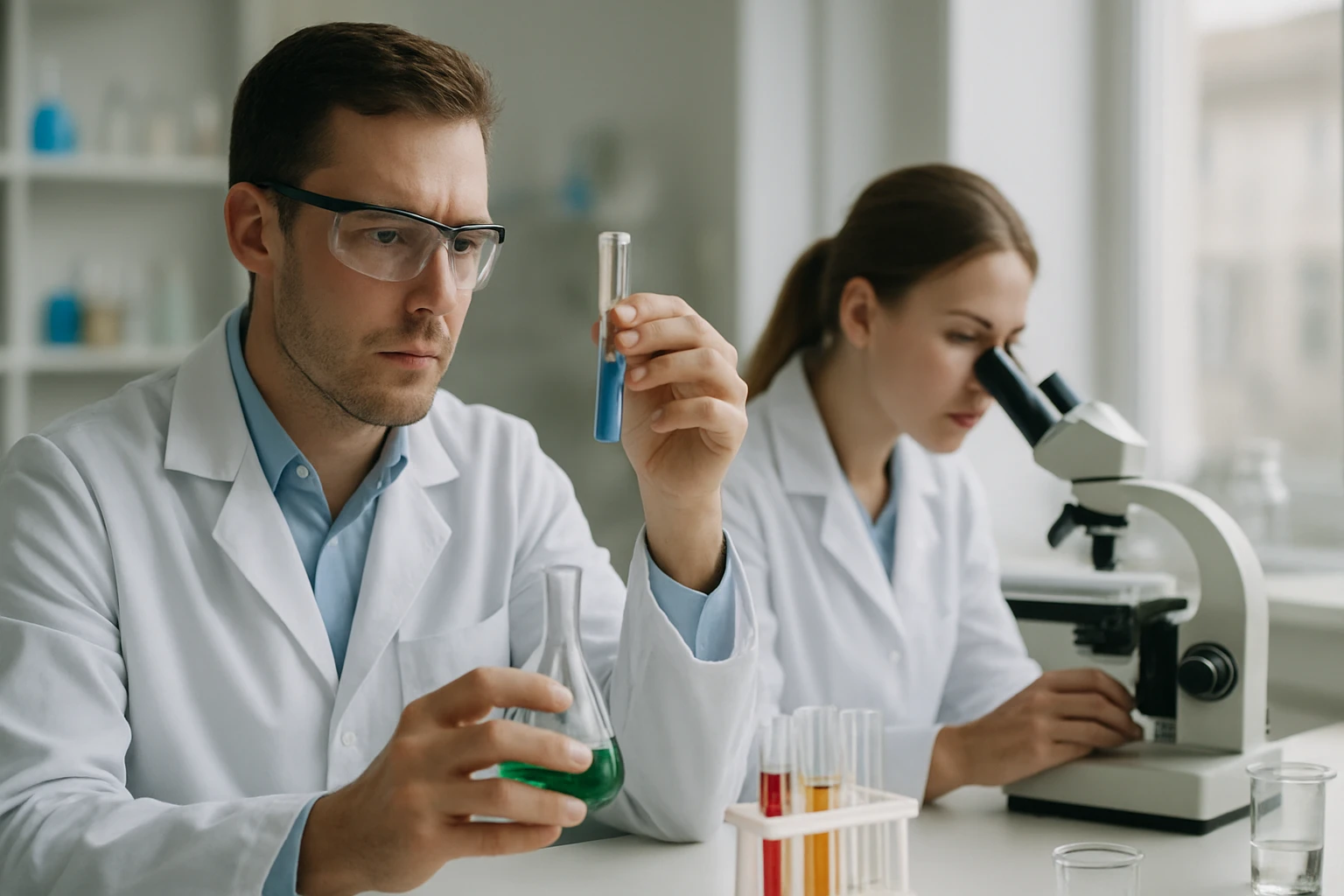 Kémiai laboratóriumban dolgozó kutatók hidrogén-szulfitokkal