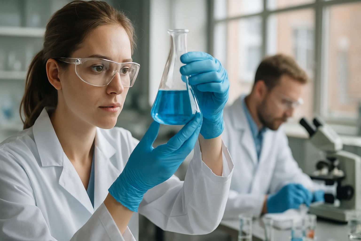 Tudós vizsgálja a hidrogén-tellurid tulajdonságait laboratóriumi környezetben.