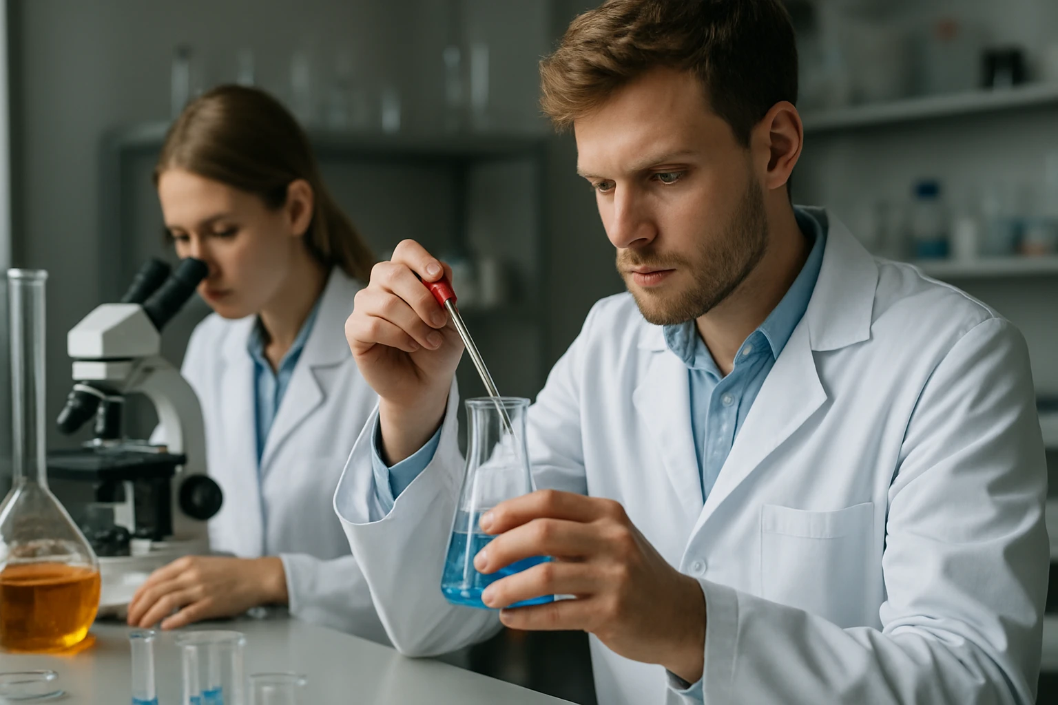 Két tudós laboratóriumot vizsgál egy kémiai reakciót hidrogénezés közben.