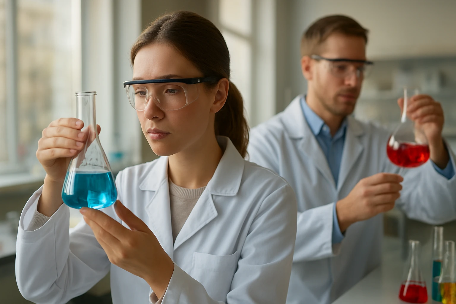 Két kutató laboratóriumi kémcsövekkel, hidrogénezett kaucsuk laboratóriumi vizsgálatában.