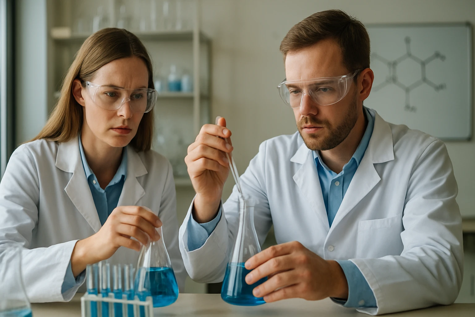 Két kémikus laboratóriumban, hidrogénmolekula-ionnal kapcsolatos kísérleteket végeznek.