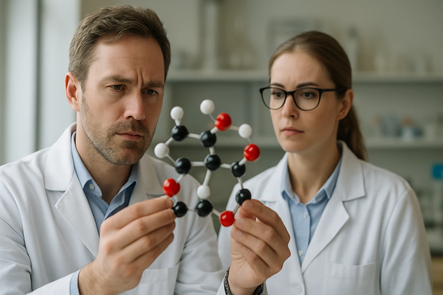 Két tudós hidrokinon molekulát elemezve laboratóriumban.