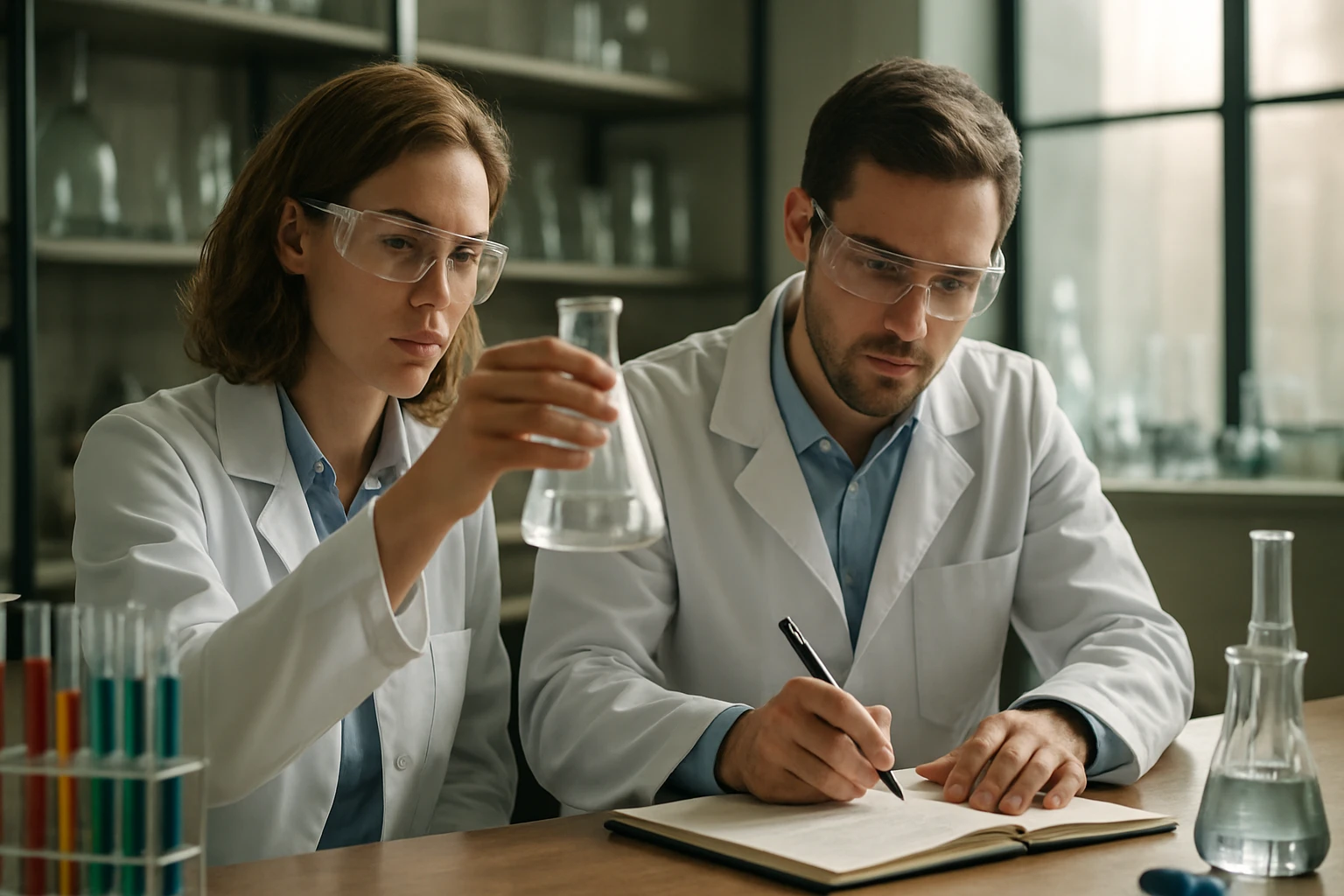 Két kutató éppen hidroxi-aldehidek elemzésén dolgozik laboratóriumban.