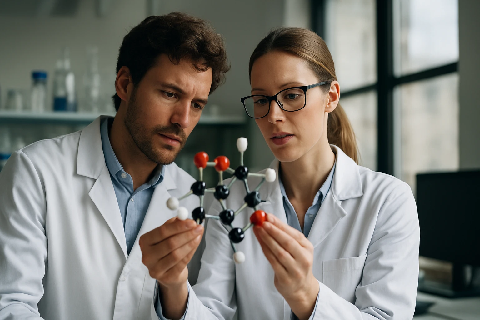 Két kutató hidroxi-cerusszit molekulát vizsgál.