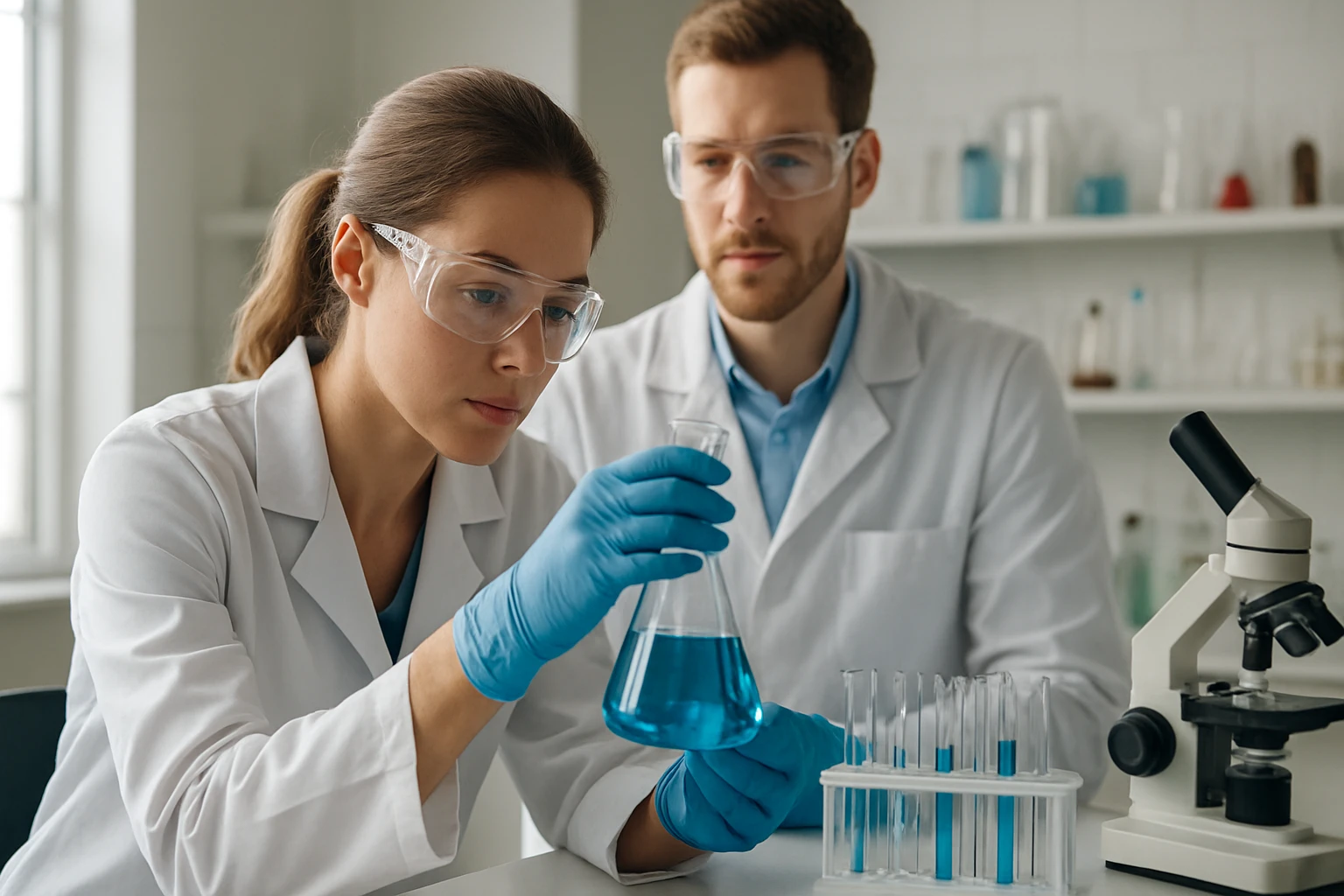 Két tudós laboratóriumi környezetben hidroxi-propil-dikeményítő kutatásával foglalkozik.