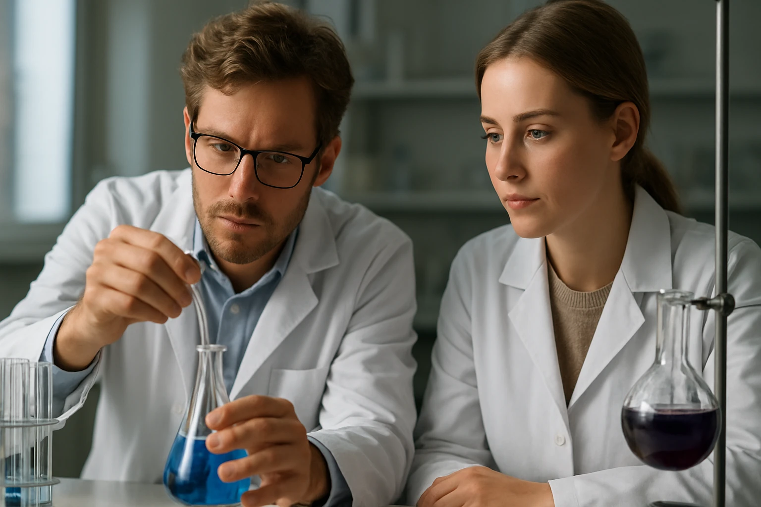 Két kutató kémiai reakciót vizsgál egy laboratóriumban.
