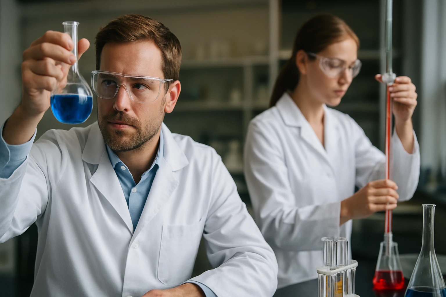 Két tudós laboratóriumban kémiai kísérleteket végez