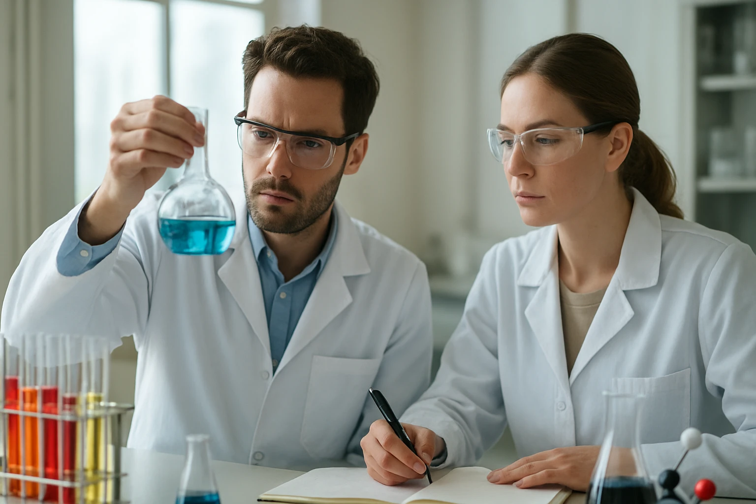 Két vegyész laborban hidroxilcsoport vizsgálatát végzi.