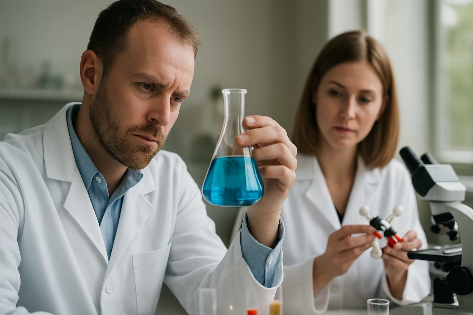 Két kutató egy laboratóriumban, a higany-diklorid jellemzőivel foglalkozva.