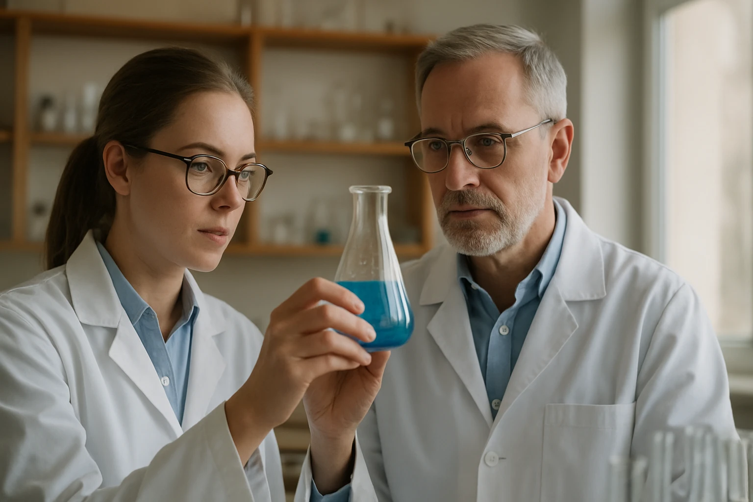 Két tudós kémiai kísérletet végez a laboratóriumban.