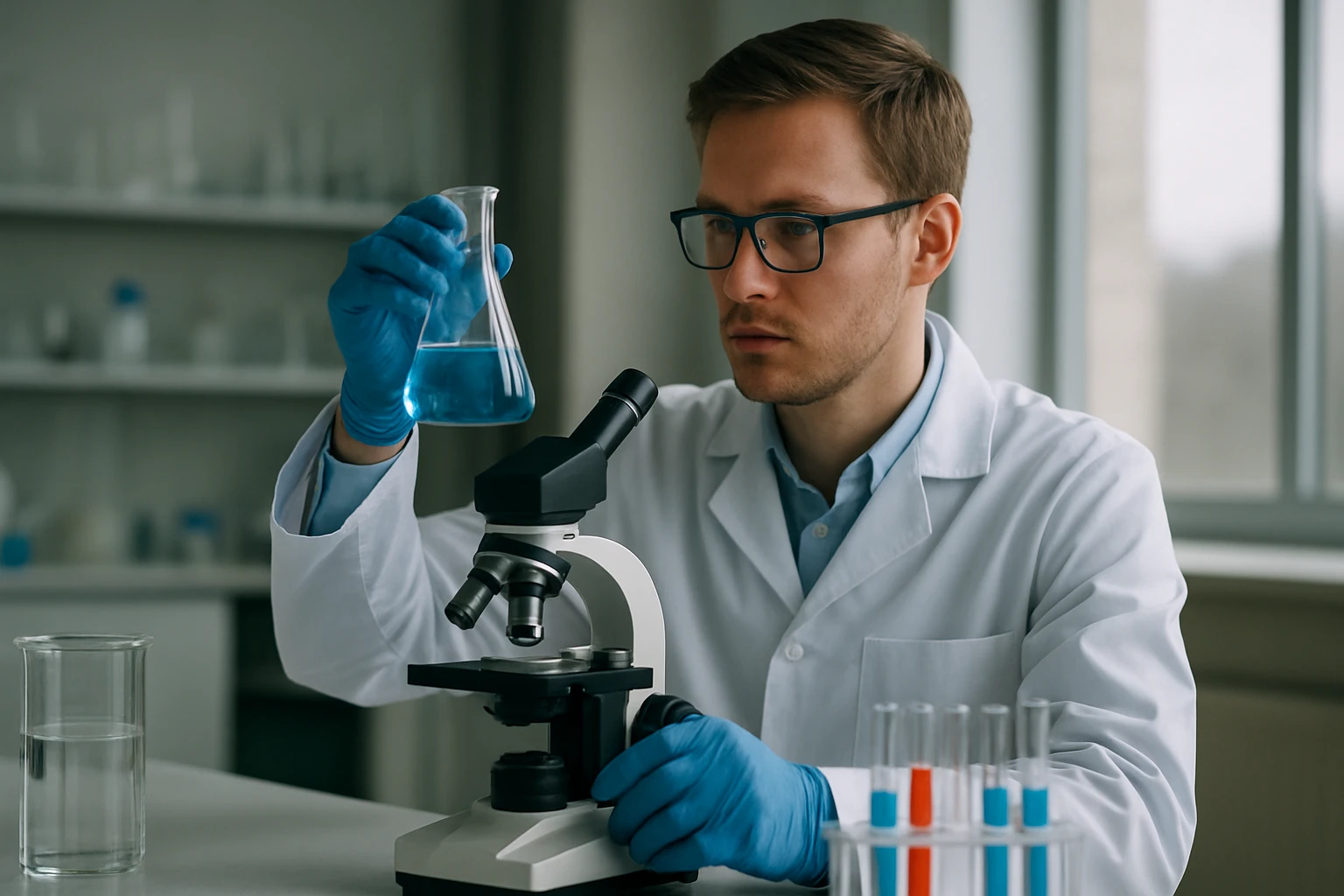 Laboratóriumi szakember higany-fulminát vizsgálata kémiai elemzés során.