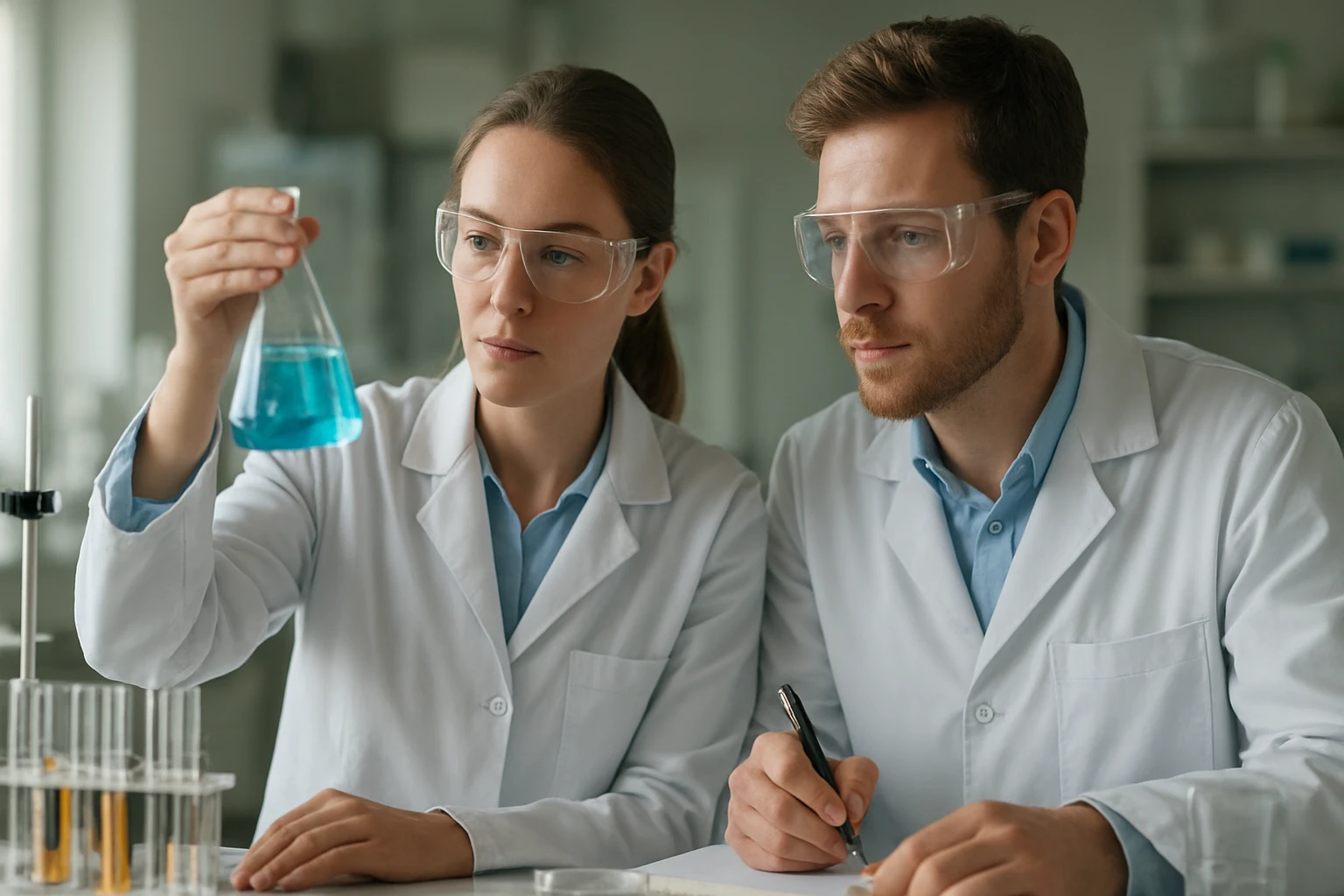 Két tudós laboratóriumi kísérletet végez, folyadékot vizsgálva.