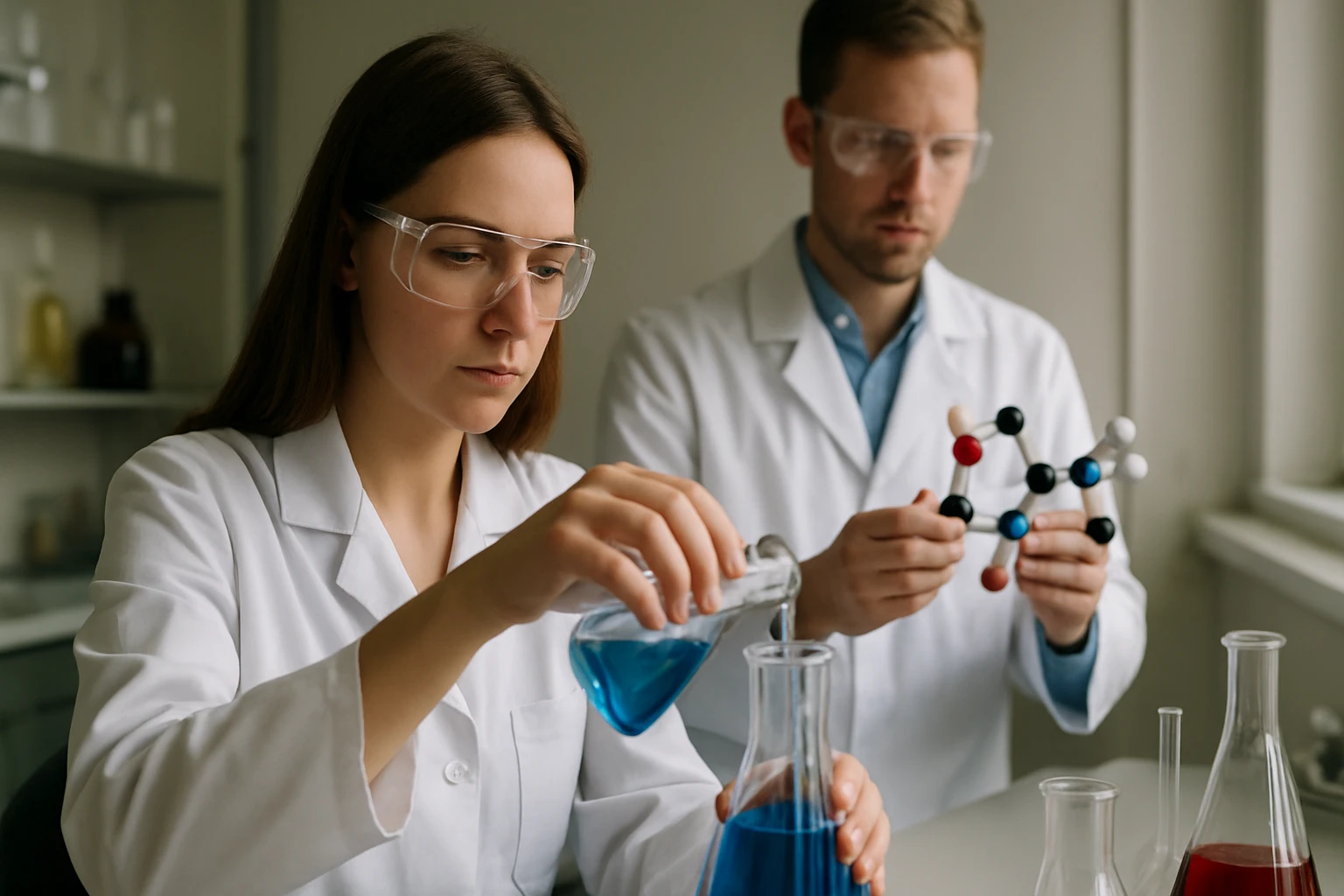 Két tudós kémiai kísérletet végez laboratóriumban