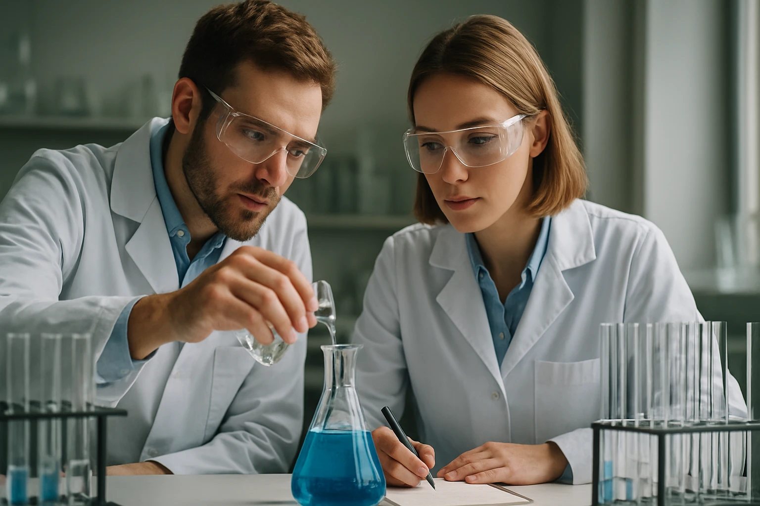 Két kémikus laboratóriumban dolgozik, kémiai kísérletet végeznek.