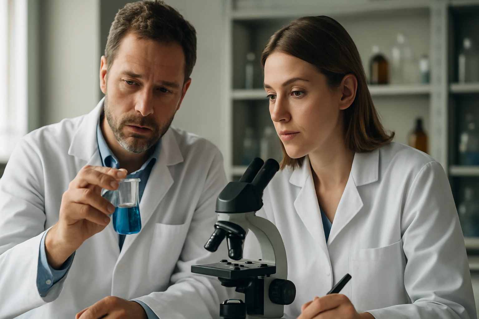 Két kutató, akik homogén katalízist vizsgálnak laboratóriumi környezetben