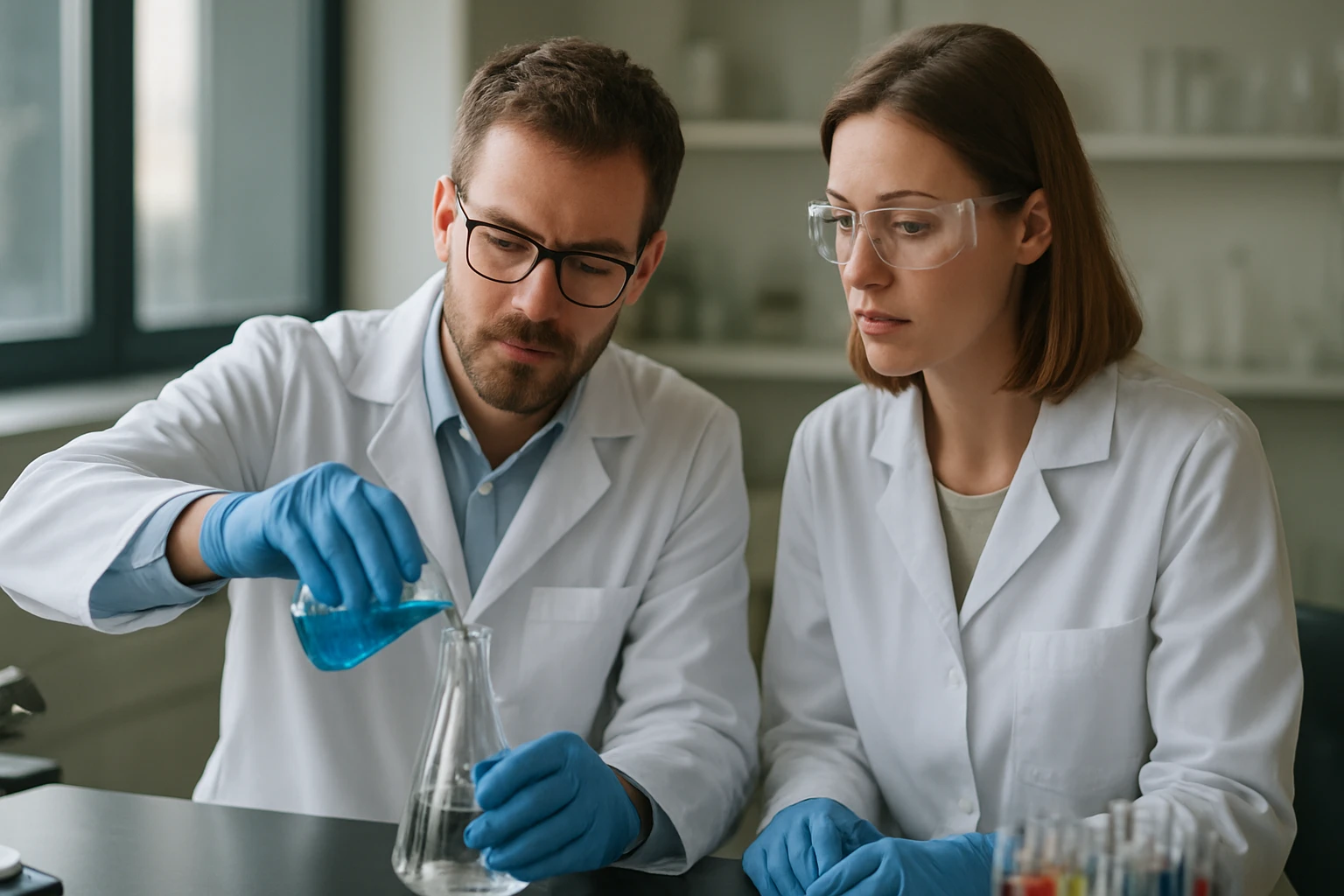 Két kutató kémiai folyamatokat vizsgál, kémiai laboratóriumban.