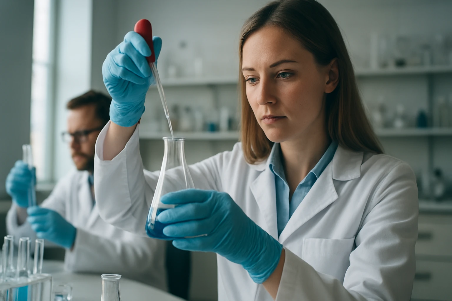 Kémikus laboratóriumban pipettázik, hordozó szerep a kémiában