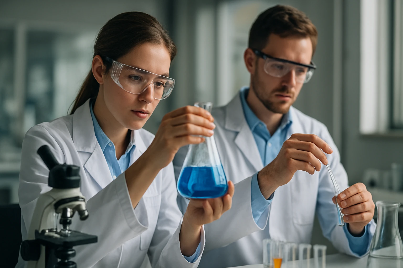 Két kutató laboratóriumban kémiai kísérleteket végez