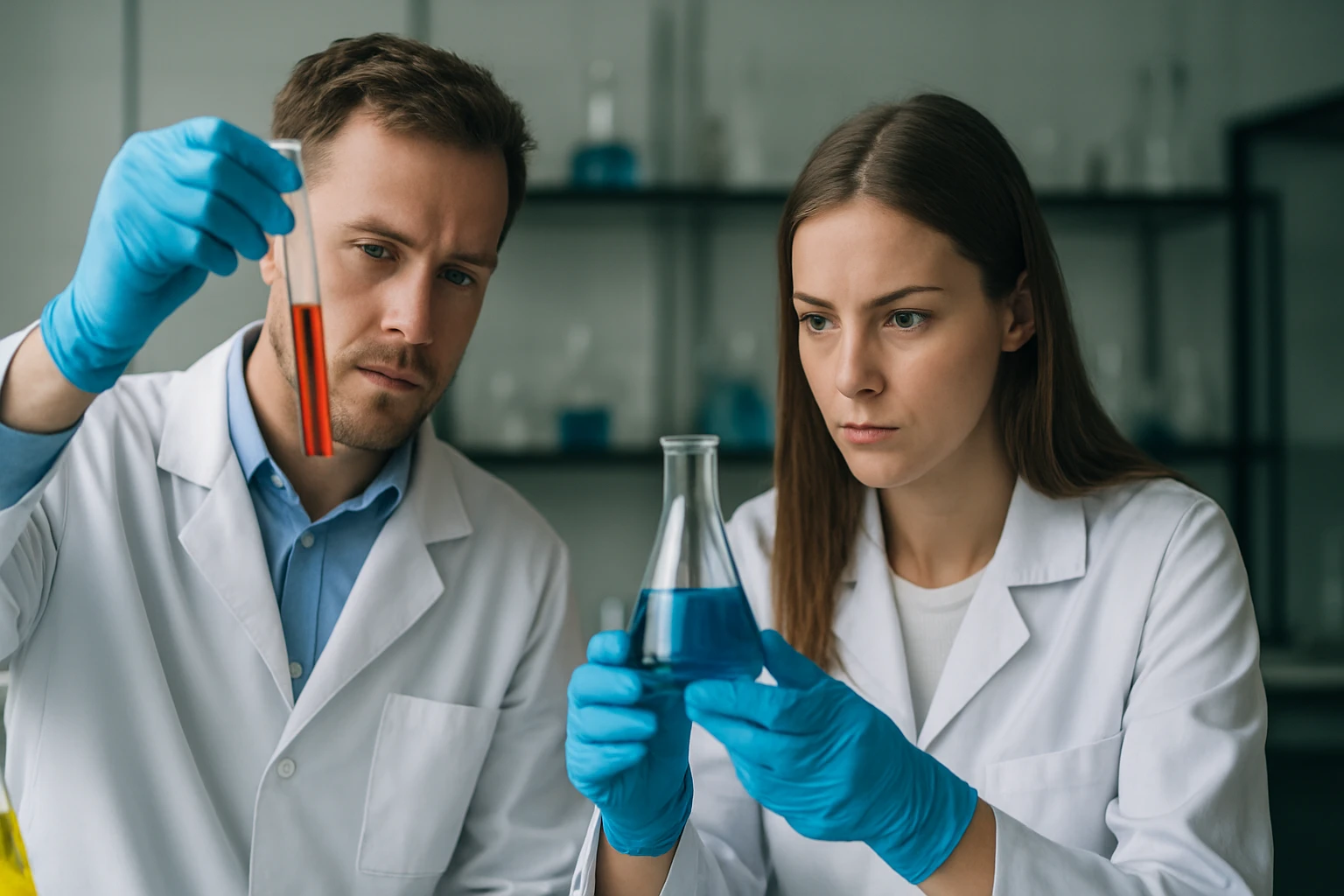 Két tudós laboratóriumban vizsgál egy kémiai anyagot.