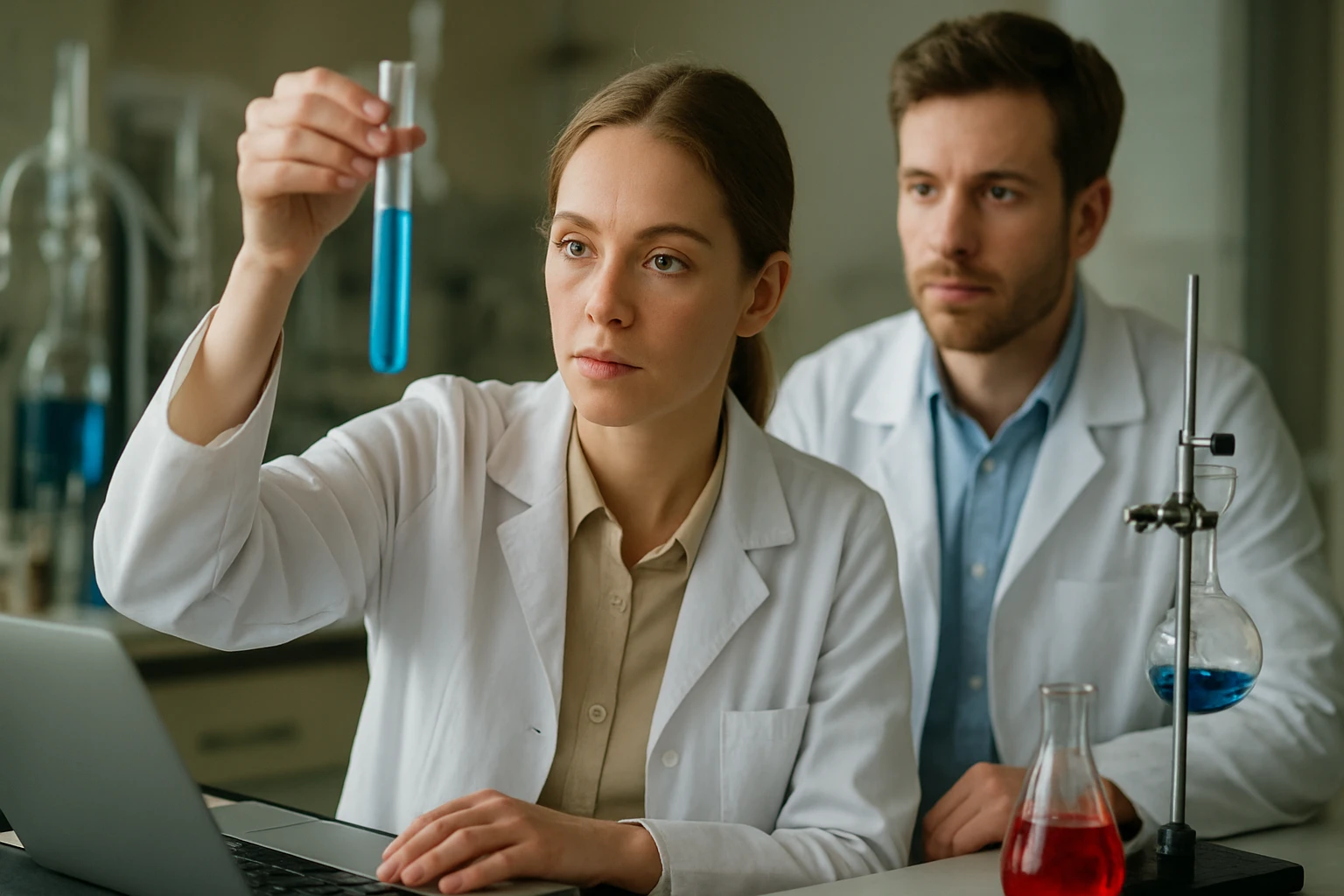 Két kémikus laboratóriumi vizsgálatot végez, hűtőkeverékekkel foglalkozva.