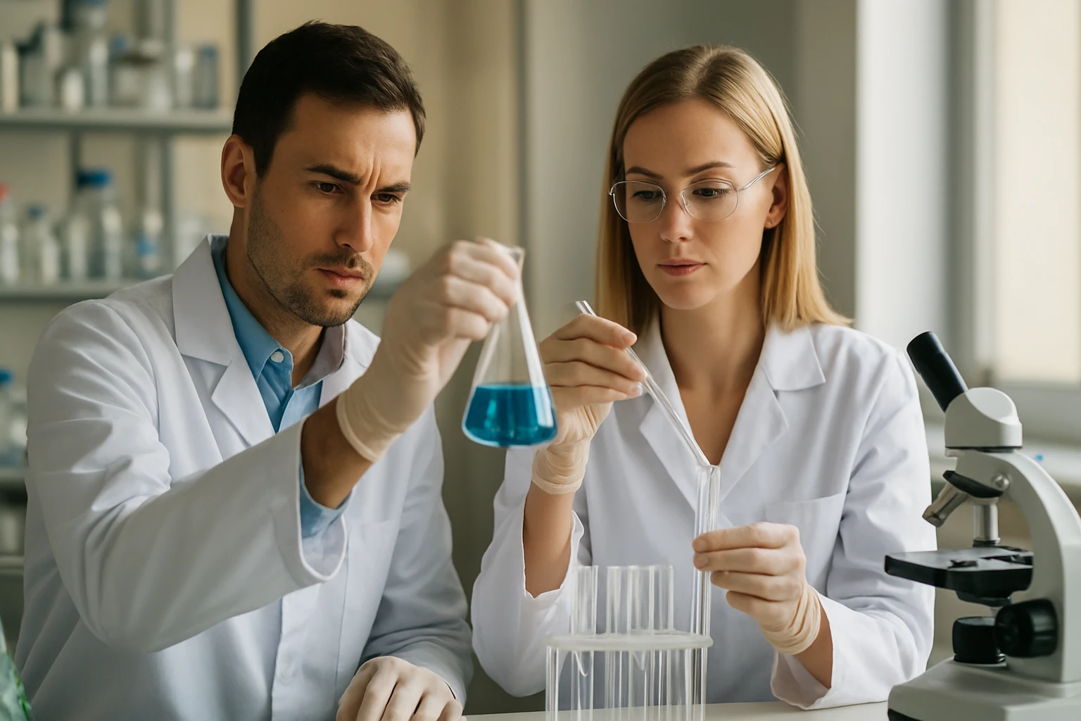 Két kutató kémiai kísérletet végez laboratóriumban