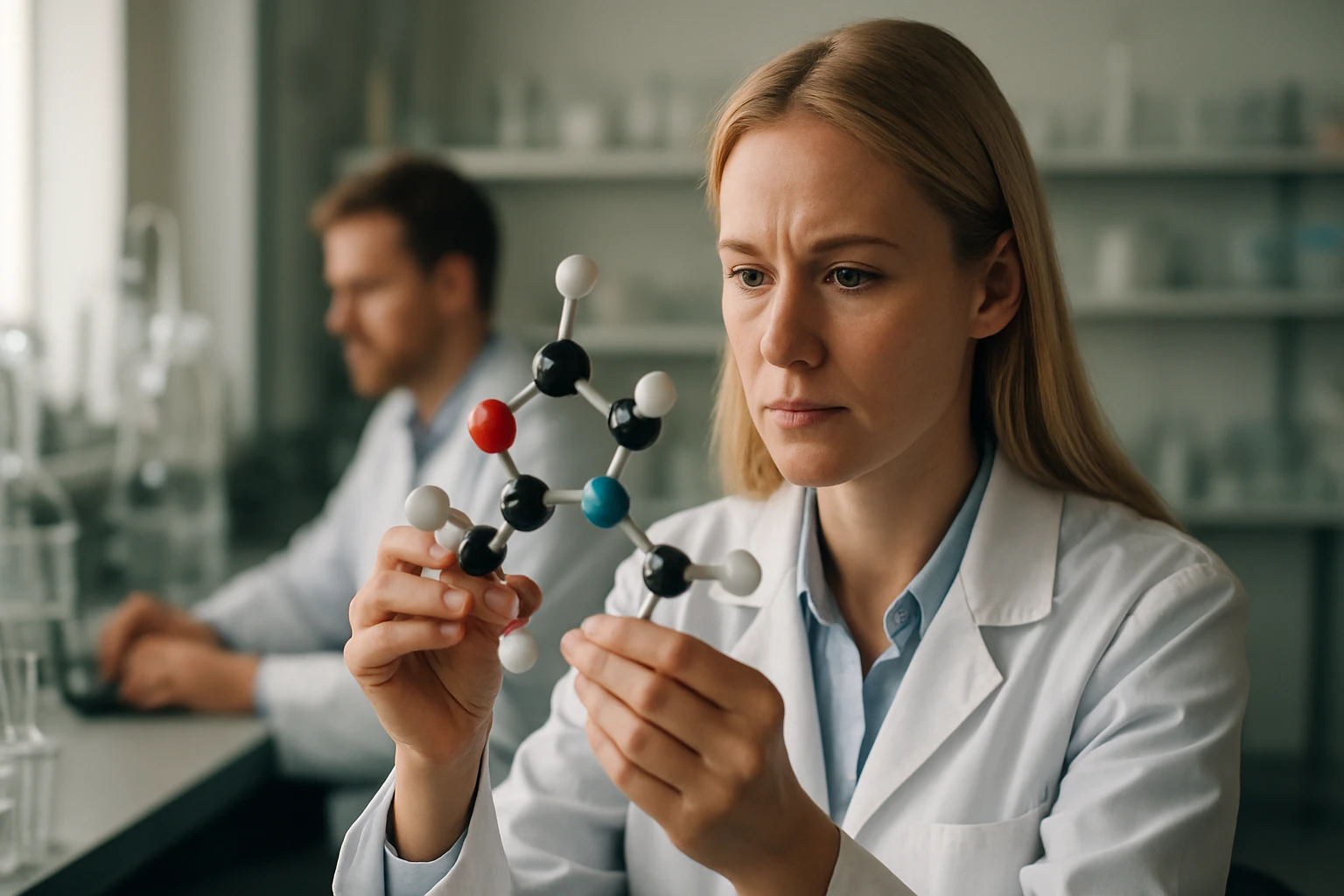 A női tudós egy kémiai molekula modelljét tanulmányozza a laborban.