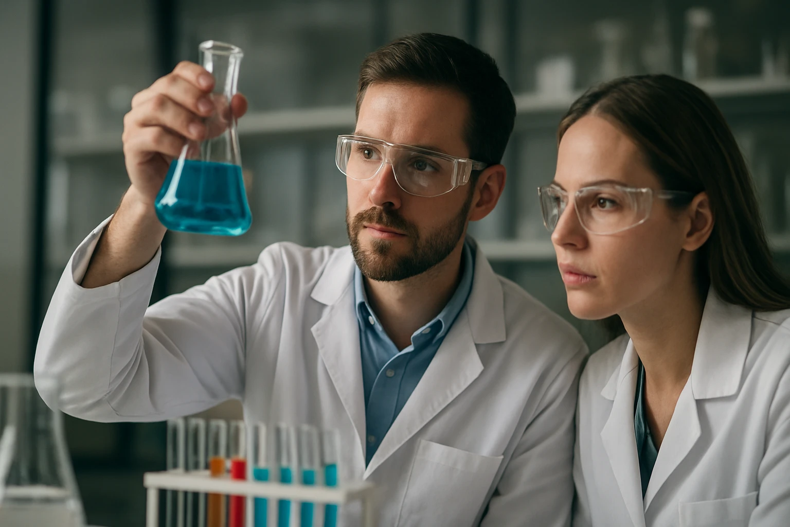 Az indigó: a festék képlete, története és felhasználási módjai Két tudós kémiai kísérleten dolgozik, indigó festék előállítása.