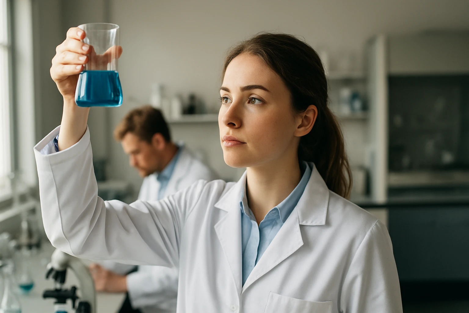 Laboratóriumban kémiai indikátort vizsgáló kutató