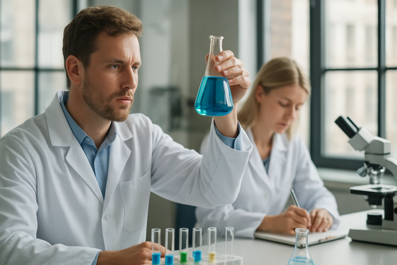 Kémikus laborban, kék folyadékot tartó lombik bemutatása