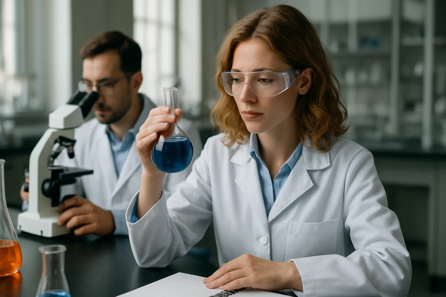 Két tudós laboratóriumi környezetben kémiai kísérletet végez.