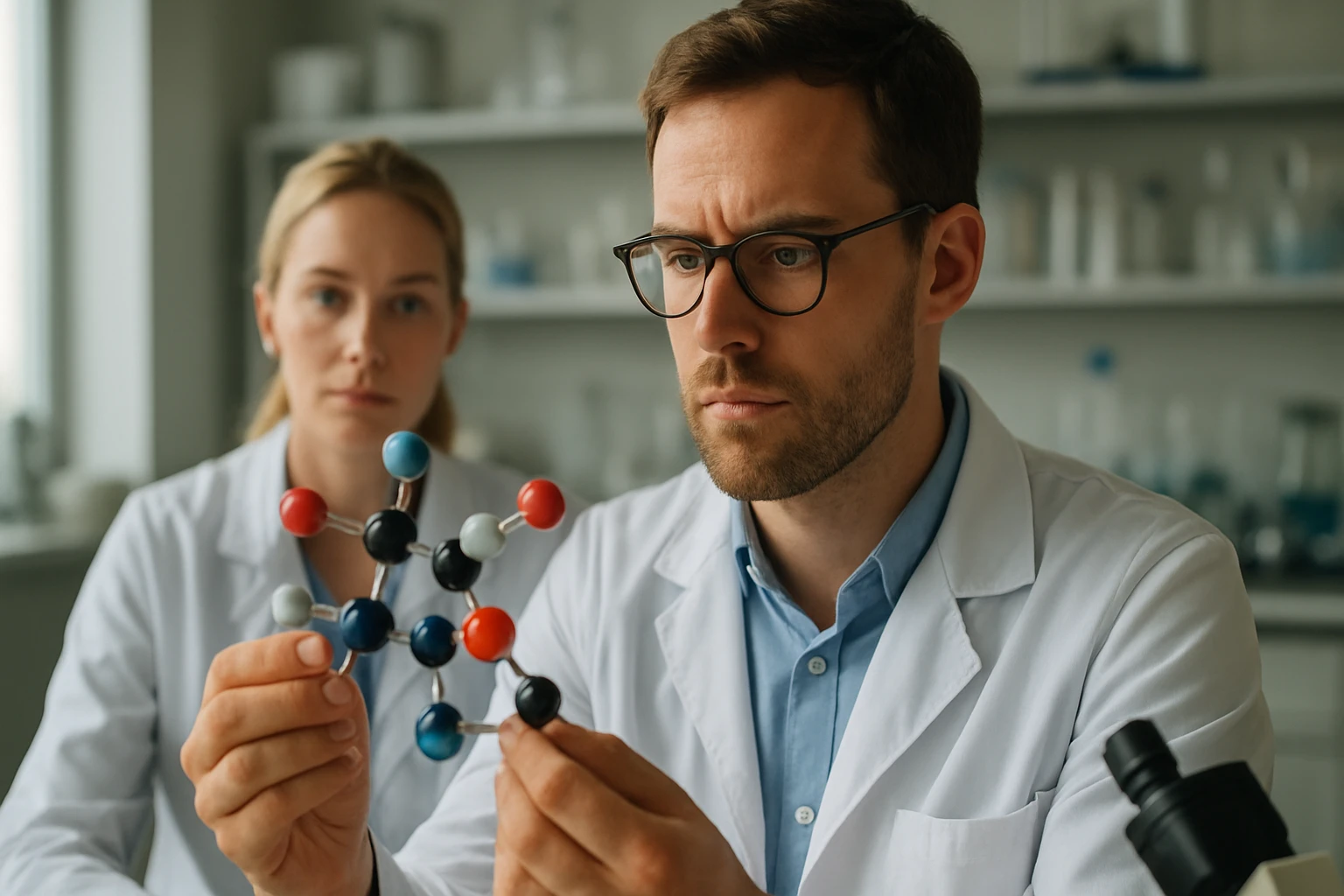 Két kutató intermetallikus vegyületeket vizsgál egy laboratóriumban.