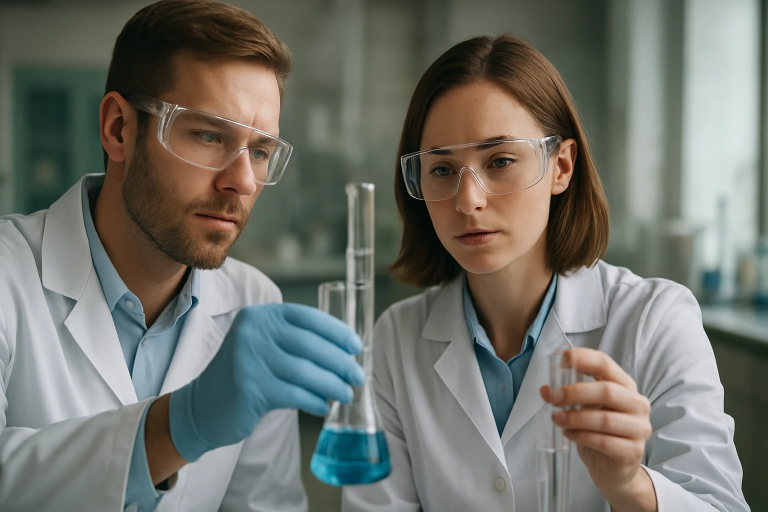 Két tudós kémiai kísérletet végez laboratóriumban, ionizációs rezonancia spektroszkópiával.