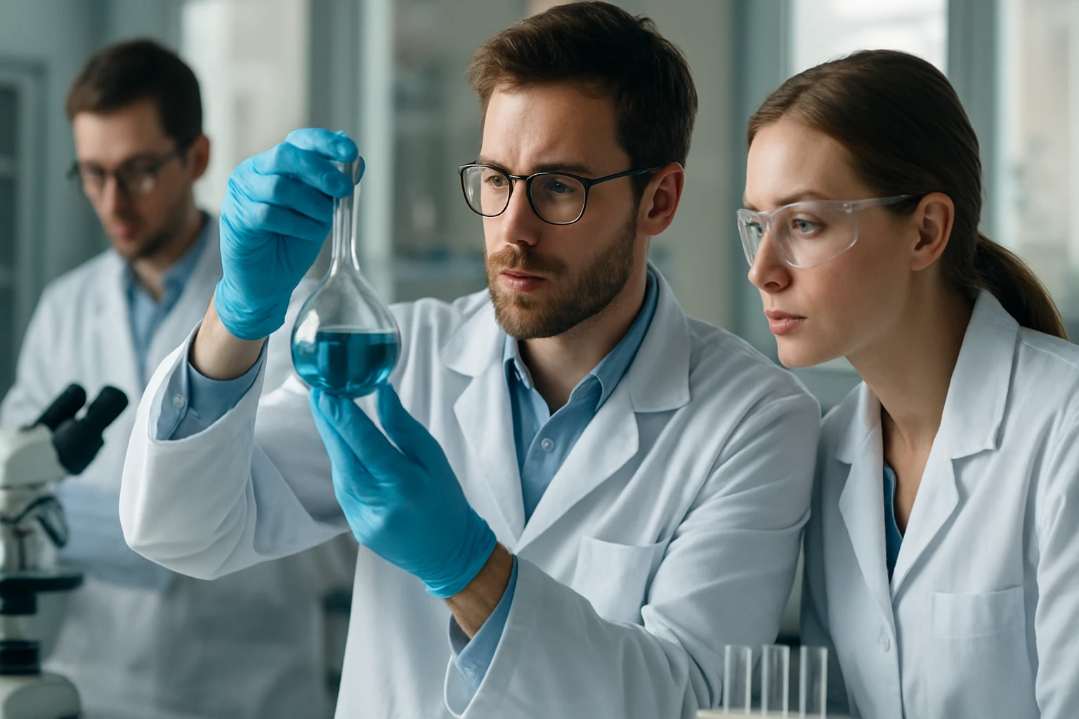 Két kutató kék folyadékkal teli lombikot vizsgál a laboratóriumban.