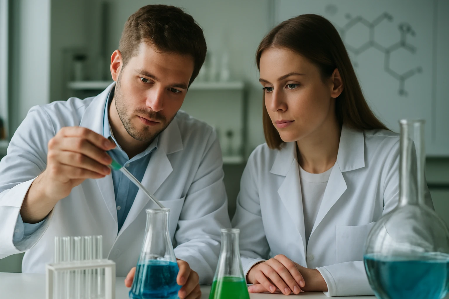 Két tudós kémiai kísérletet végez laboratóriumban.