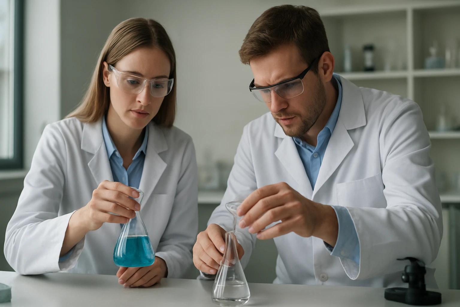 Két kutató irídium kémiai vizsgálatát végzi laboratóriumban.