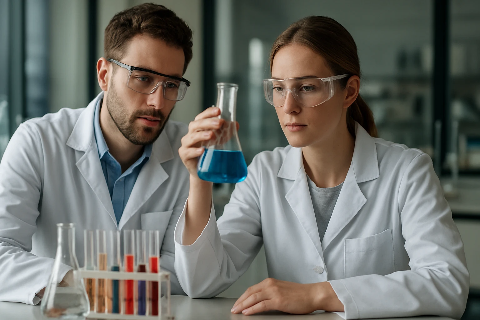 Két vegyész laboratóriumban kék folyadékkal teli lombikot vizsgálva.