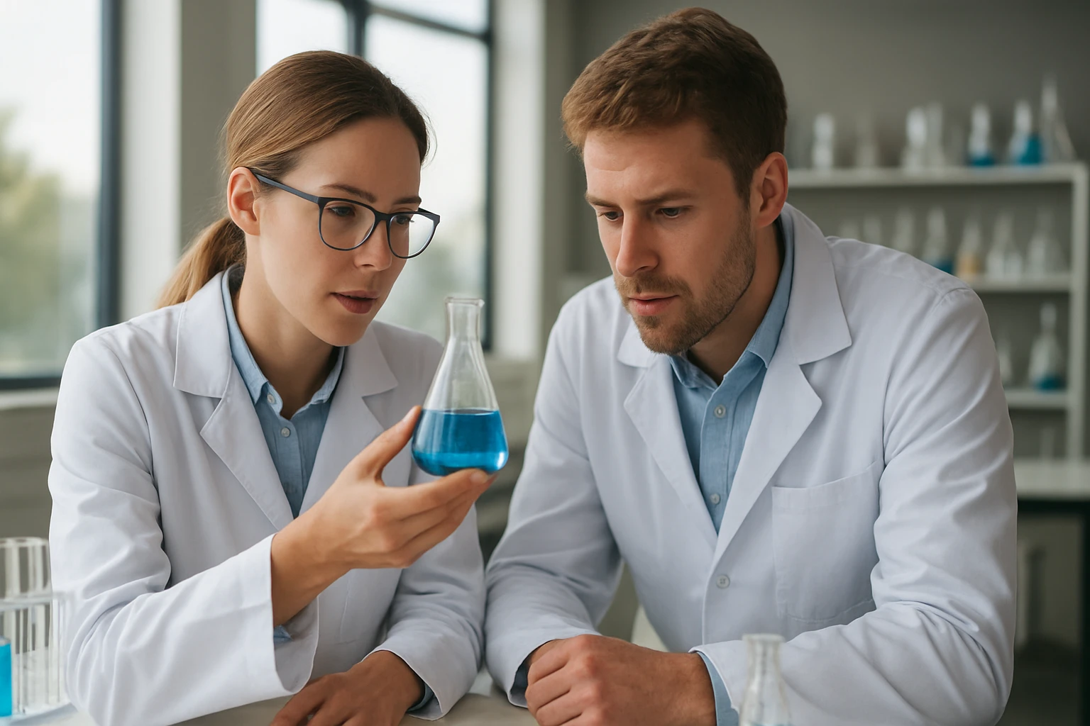 Két kutató laboratóriumi környezetben egy kémcsővel vizsgálja az oldatot.