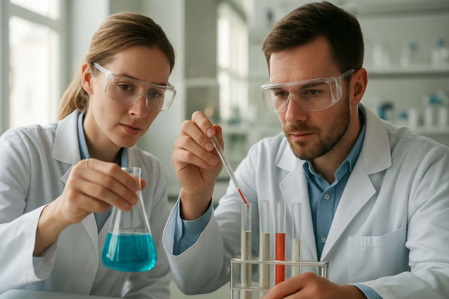 Két kémikus laboratóriumban, izobutanol vizsgálata