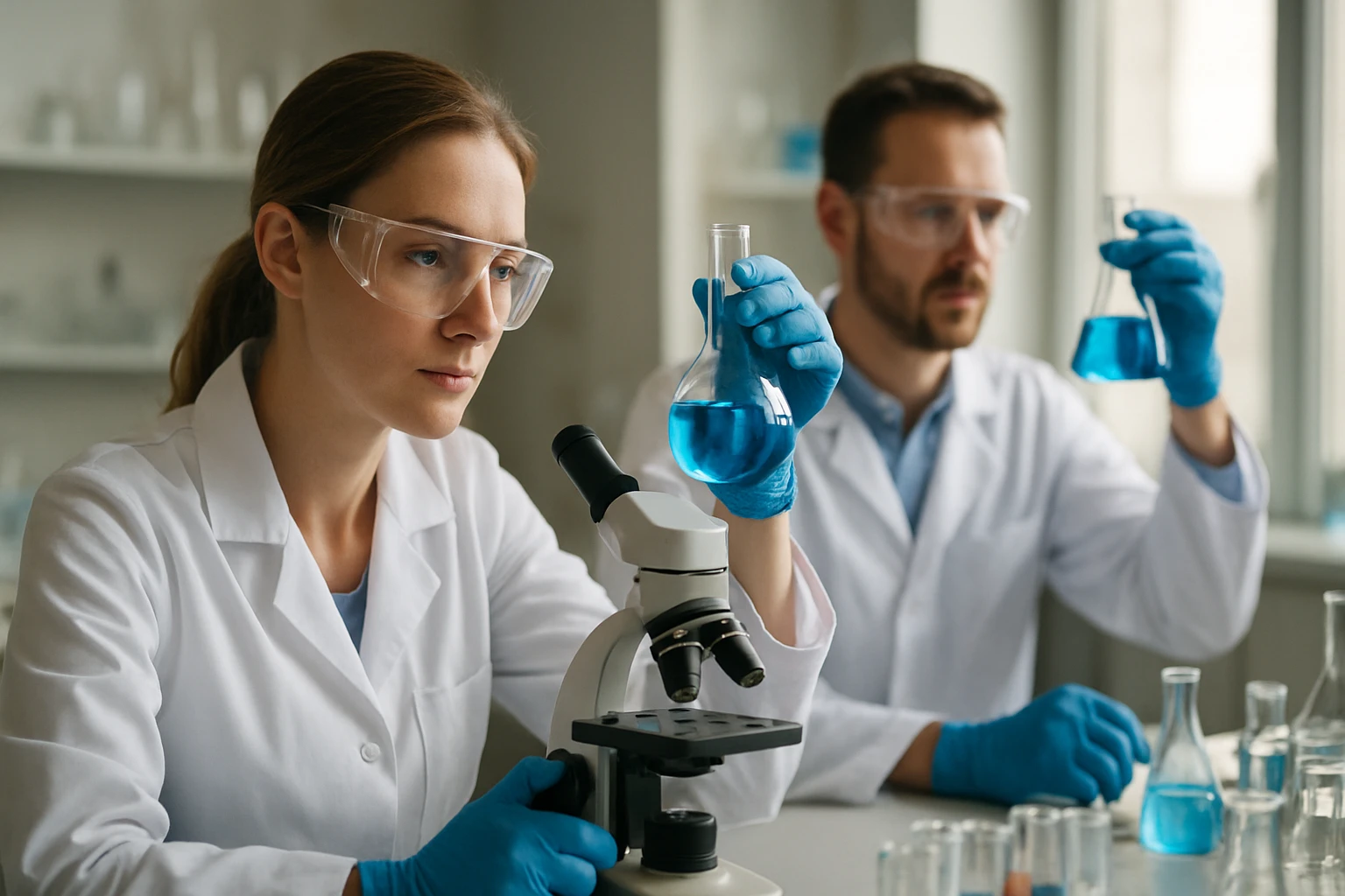 Két tudós laboratóriumban, kék oldatokkal és mikroszkóppal.