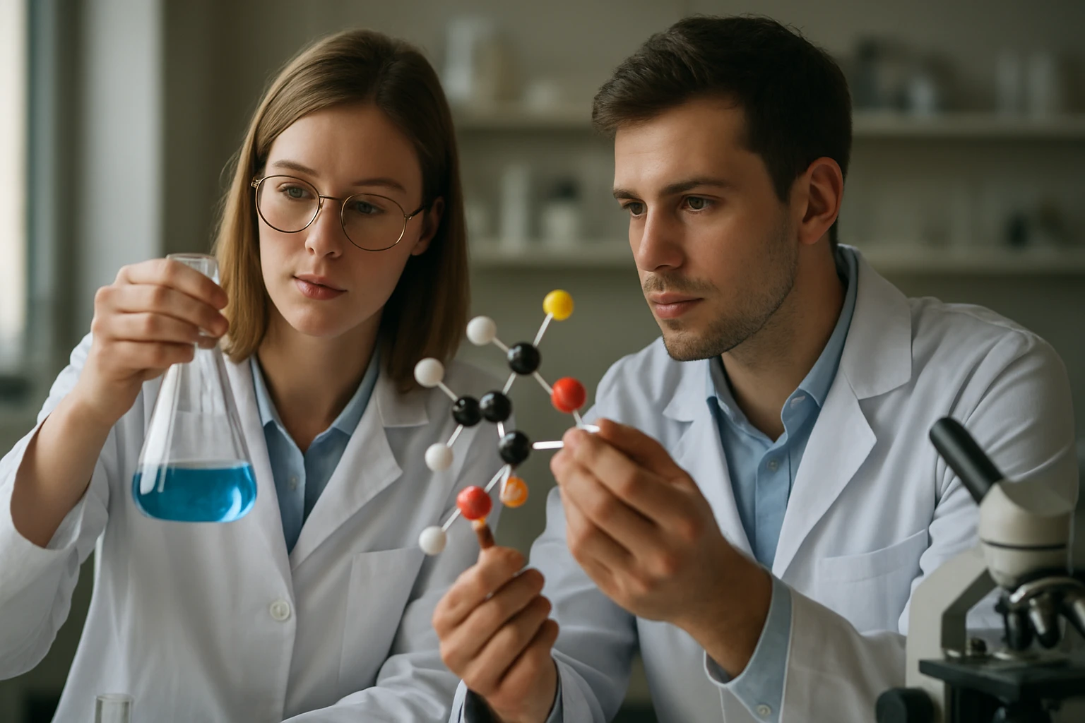 Két kutató izopoliciklusos vegyületeket vizsgál a laboratóriumban.