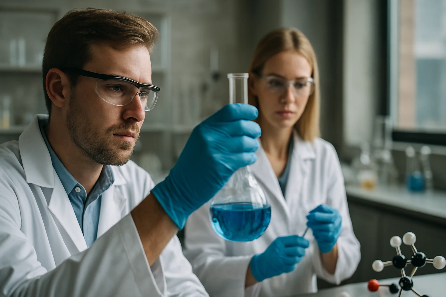Két kutató laboratóriumban izotópos nyomjelzésen dolgozik.