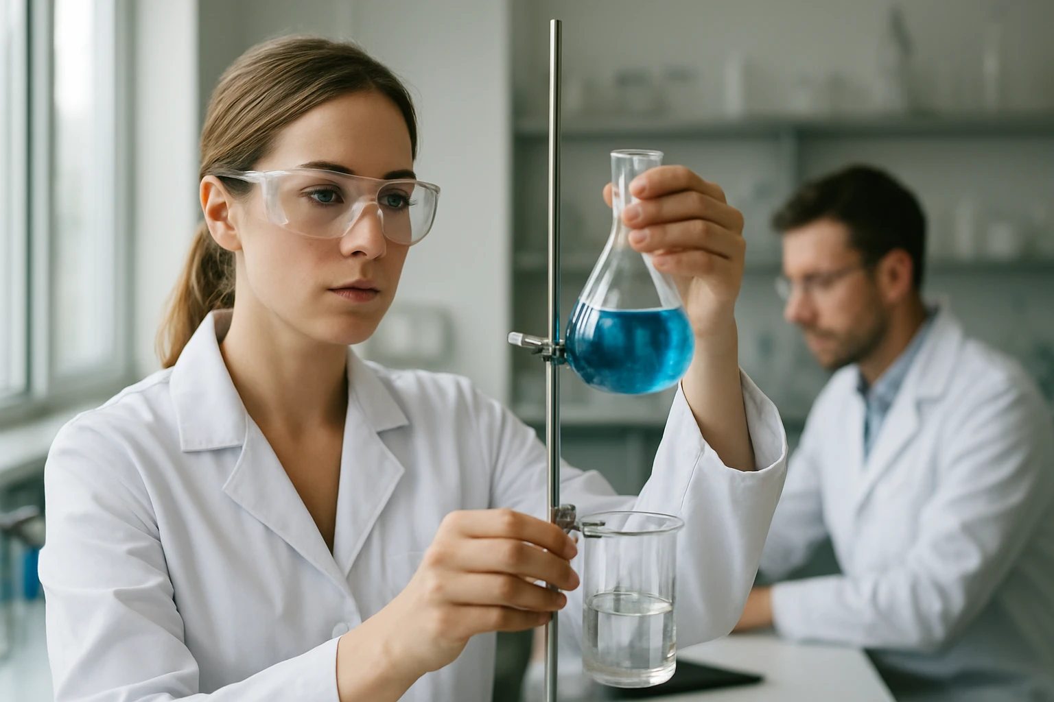 Kémikus laboratóriumban, kék oldat és üveg edények