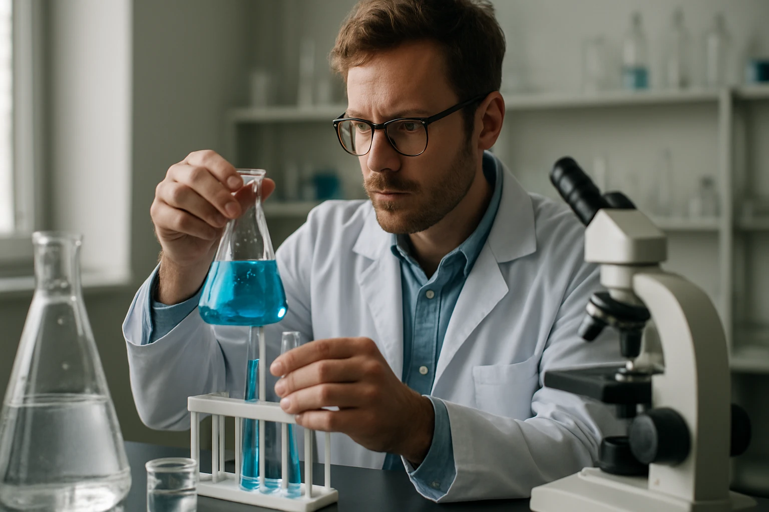 Laboratóriumban dolgozó tudós kémiai kísérletet végez