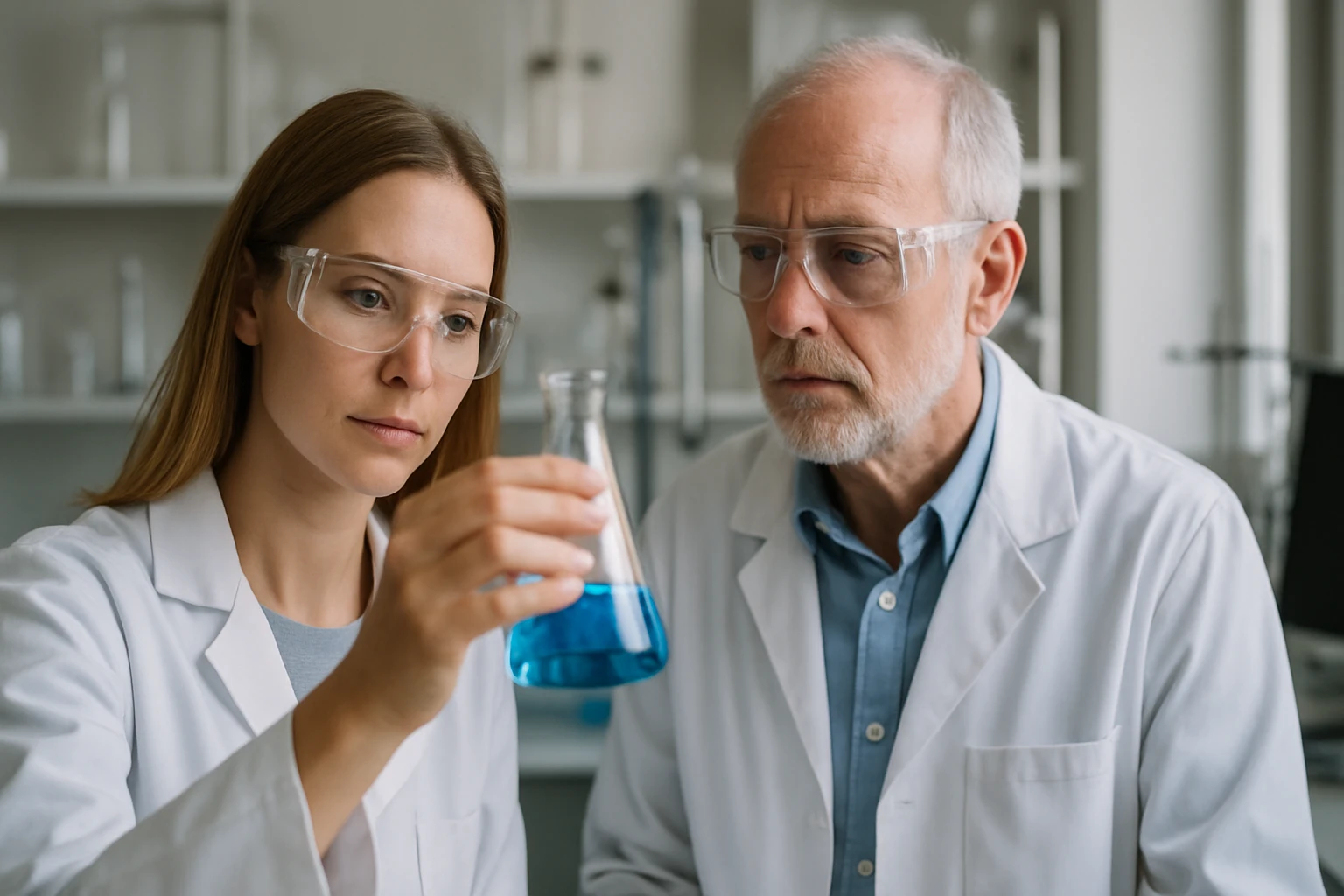 Két tudós laboratóriumban jelzett vegyületekkel foglalkozik.