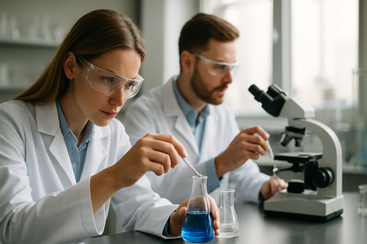 Két kémikus laborban, kristályszerkezet elemzése közben.