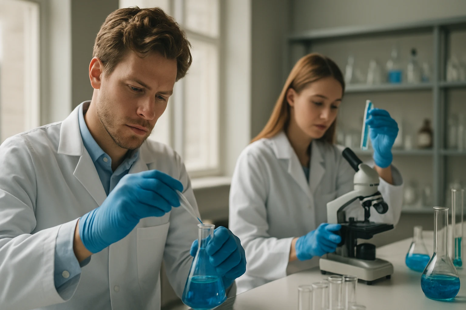 Laboratóriumi kísérlet jódhidrogénsavval, szakértők kék folyadékokkal