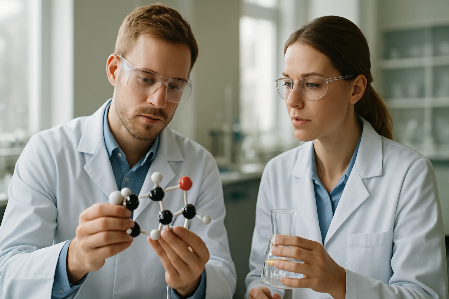 A jódmetán: összetétele, jellemzői és alkalmazási területei Két tudós jódmetán molekula modellel laboratóriumban.